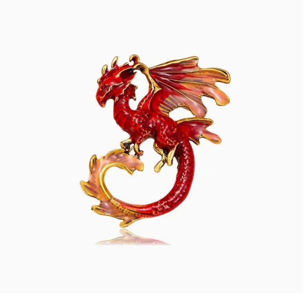 Brooch Gold Tone Red Enamel Dragon